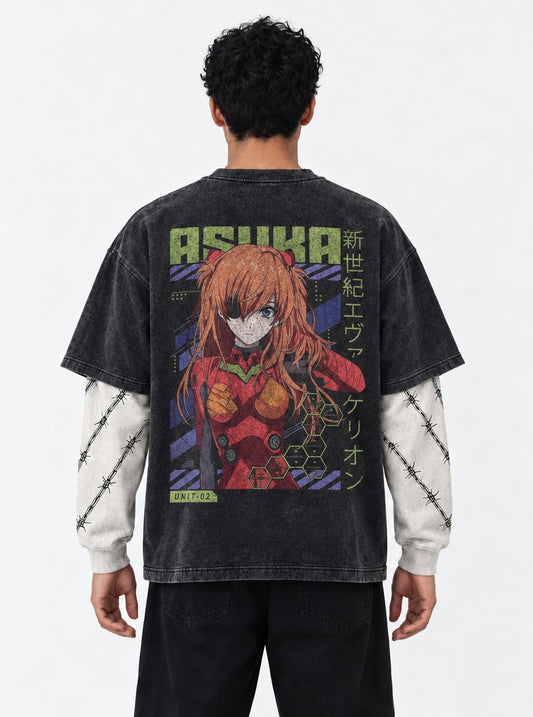Neon Genesis Evangelion Urban Washed Double Sleeves T-Shirt on model, back view