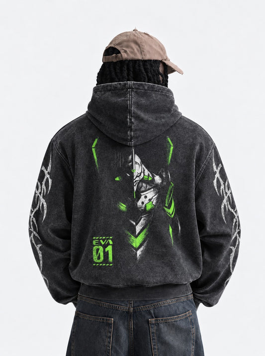 Neon Genesis Evangelion Urban Washed Hoodie on model, back view