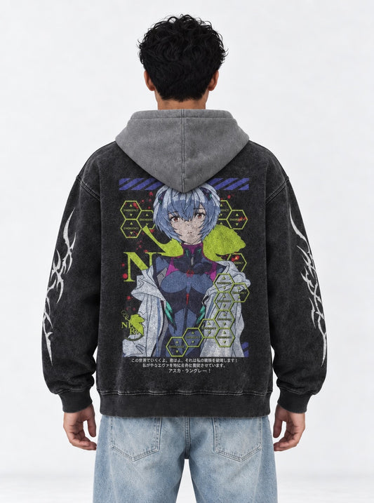 Neon Genesis Evangelion Vintage Black and Grey Washed Hoodie on model, back view