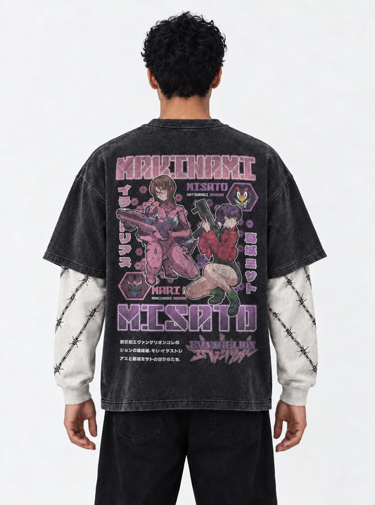 Neon Genesis Evangelion Vintage Washed Double Sleeves T-Shirt on model, back view