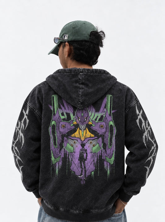 Neon Genesis Evangelion Vintage Washed Hoodie on model, back view