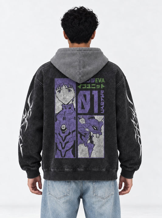 Neon Genesis Evangelion Washed Black and Grey Washed Hoodie on model, back view