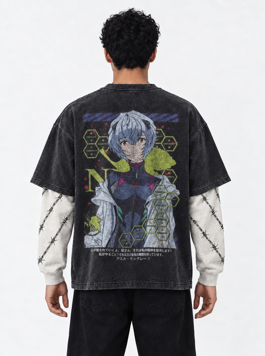 Neon Genesis Evangelion Washed Washed Double Sleeves T-Shirt on model, back view