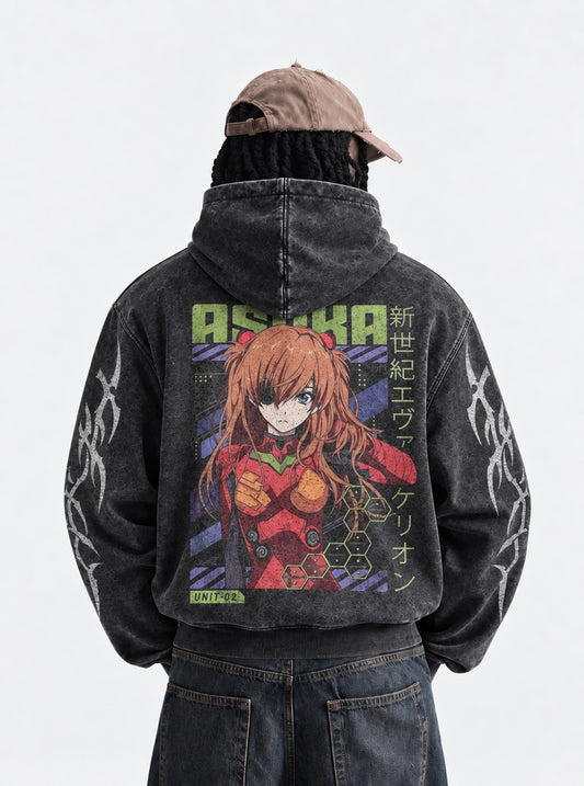Neon Genesis Evangelion Washed Washed Hoodie on model, back view