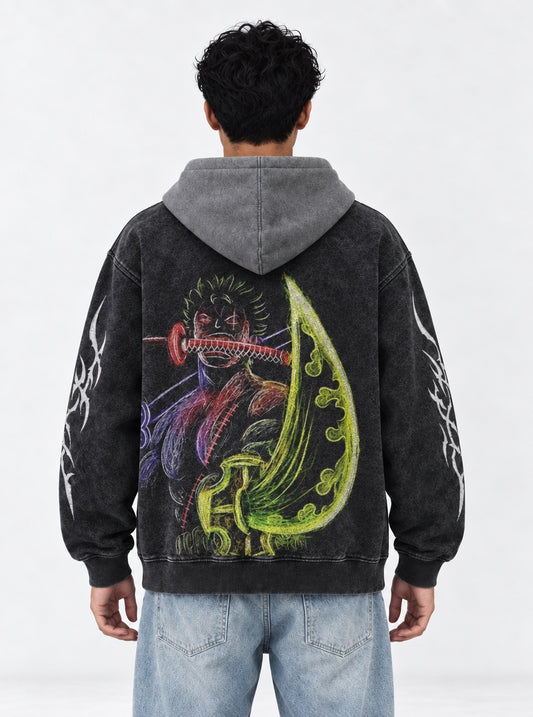 One Piece Bold Black and Gray Washed Hoodie on model, back view