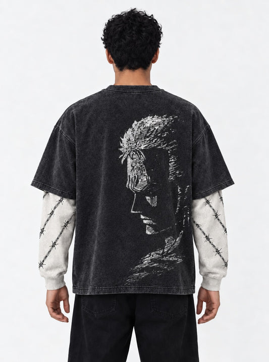 One Piece Bold Double Sleeves Washed T-Shirt on model, back view