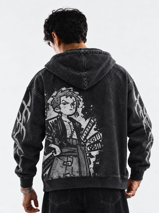 One Piece Bold Washed Hoodie on model, back view