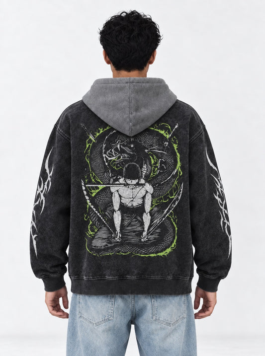 One Piece Boxy Black and Gray Washed Hoodie on model, back view