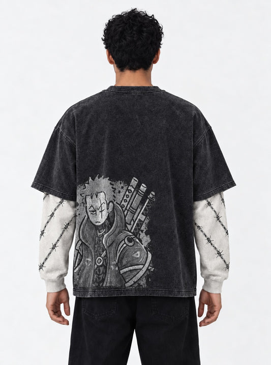 One Piece Boxy Double Sleeves Washed T-Shirt on model, back view