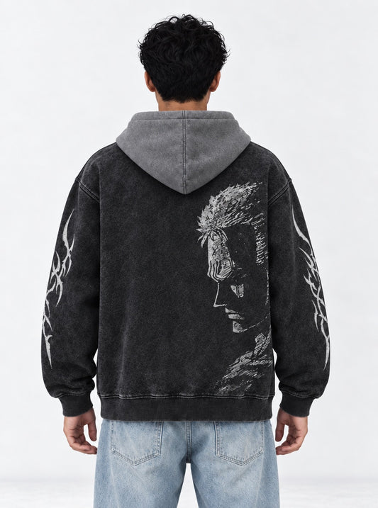 One Piece Breathable Black and Gray Washed Hoodie on model, back view