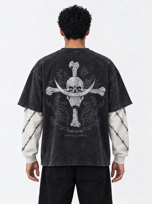 One Piece Breathable Double Sleeves Washed T-Shirt on model, back view