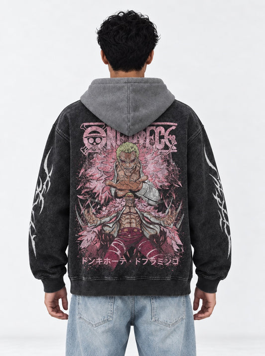 One Piece Casual Black and Gray Washed Hoodie on model, back view