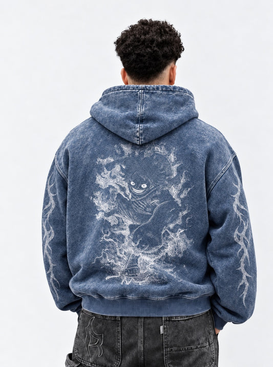 One Piece Casual Blue Faded Hoodie on model, back view