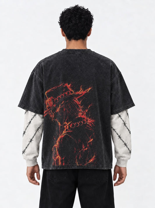 One Piece Casual Double Sleeves Washed T-Shirt on model, back view