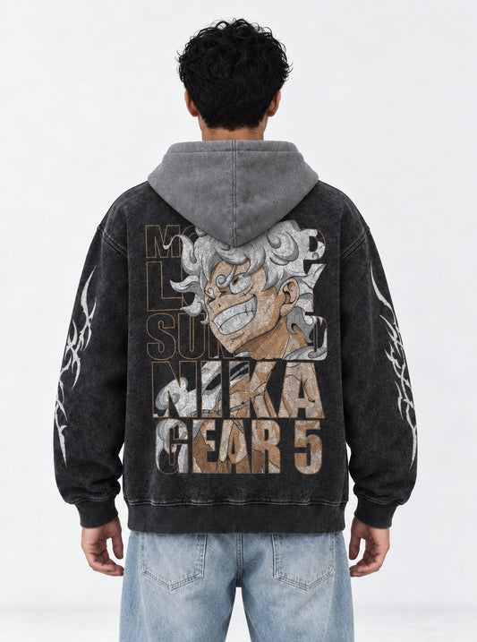 One Piece Classic Black and Gray Washed Hoodie on model, back view