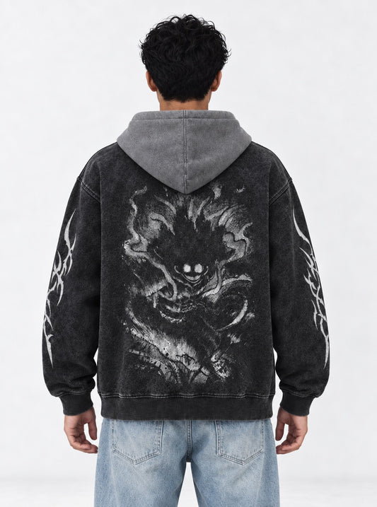 One Piece Clean Black and Gray Washed Hoodie on model, back view