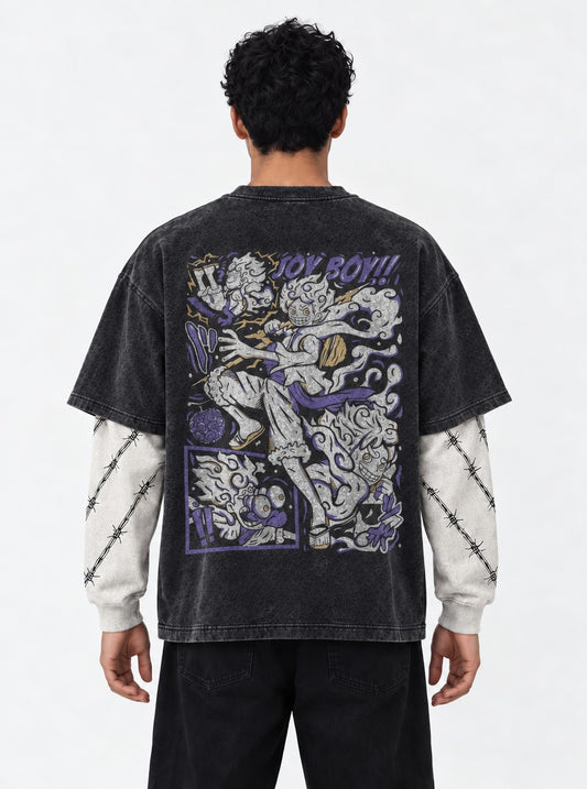 One Piece Clean Double Sleeves Washed T-Shirt on model, back view