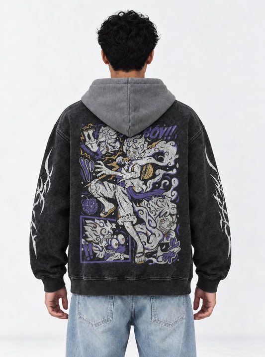One Piece Comfy Black and Gray Washed Hoodie on model, back view