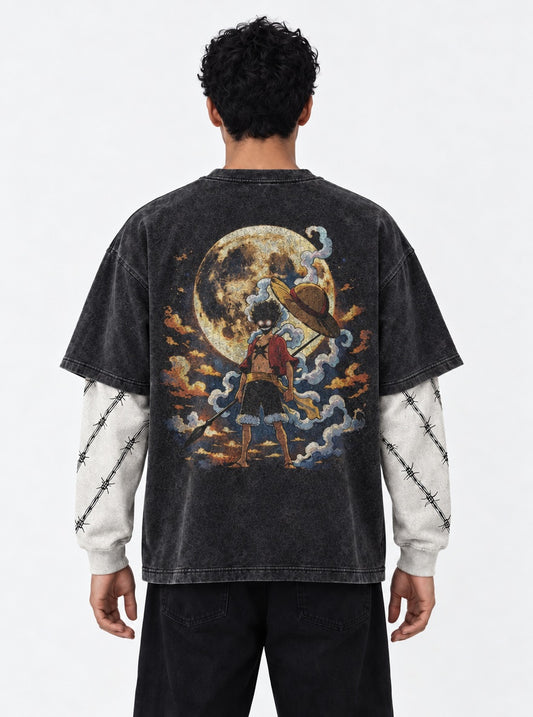 One Piece Comfy Double Sleeves Washed T-Shirt on model, back view