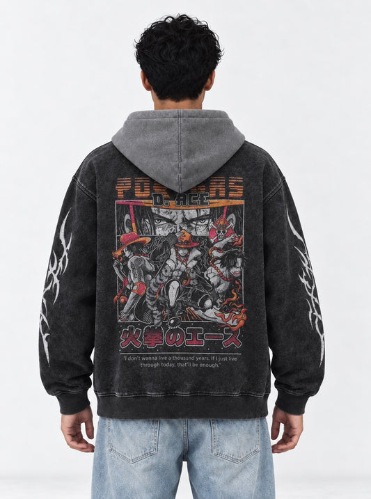 One Piece Cool Black and Gray Washed Hoodie on model, back view