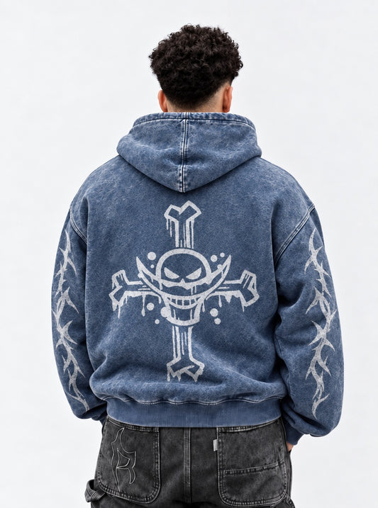 One Piece Cool Blue Faded Hoodie on model, back view
