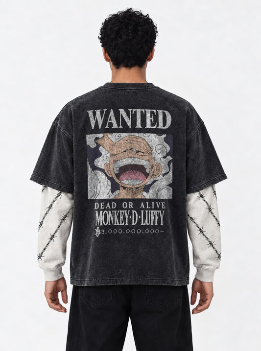 One Piece Cool Double Sleeves Washed T-Shirt on model, back view