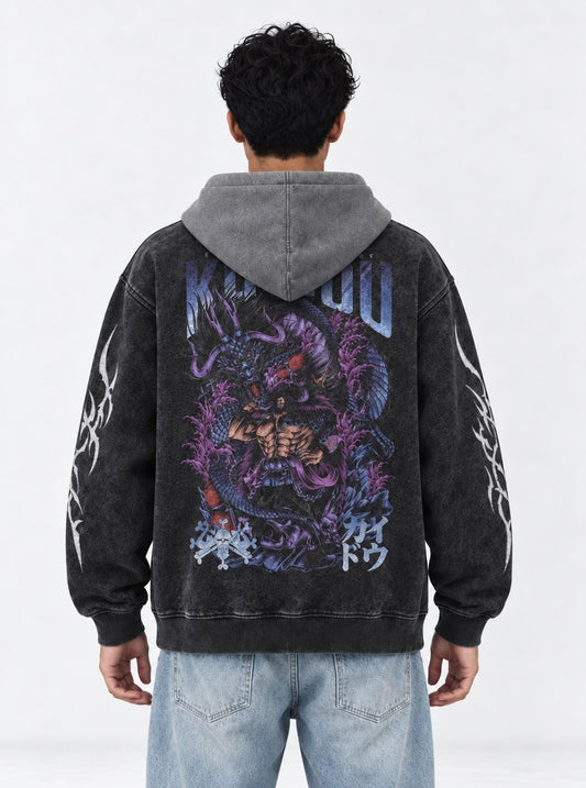One Piece Core Black and Gray Washed Hoodie on model, back view