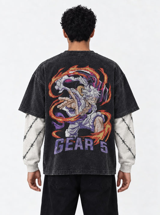 One Piece Core Double Sleeves Washed T-Shirt on model, back view