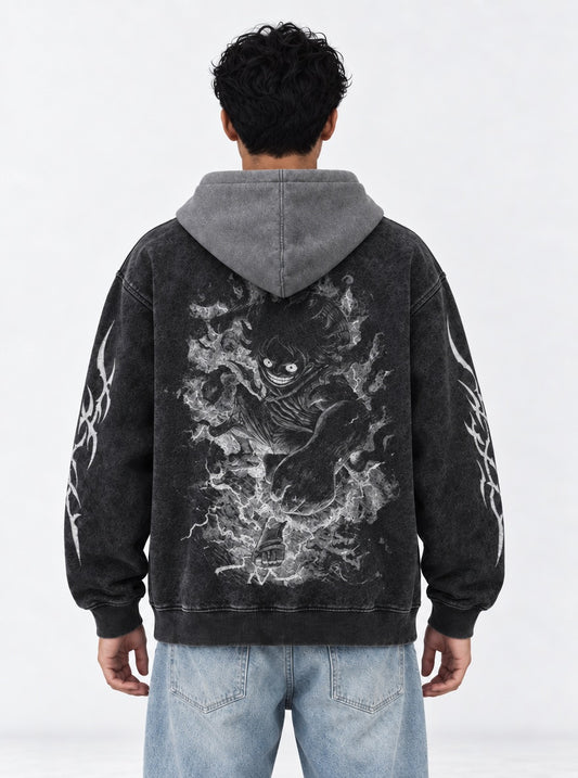 One Piece Cozy Black and Gray Washed Hoodie on model, back view