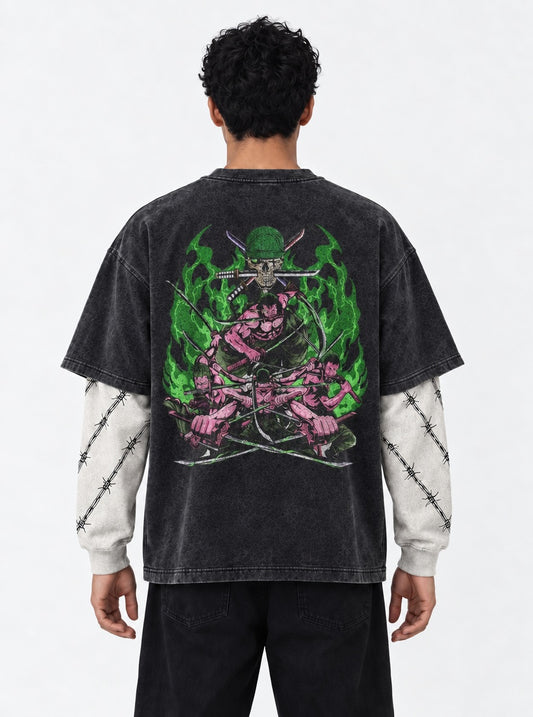 One Piece Cozy Double Sleeves Washed T-Shirt on model, back view