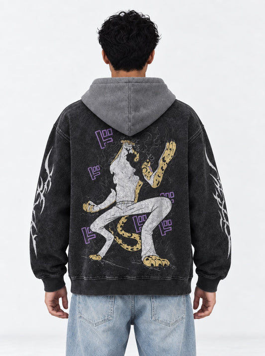 One Piece Cropped Black and Gray Washed Hoodie on model, back view
