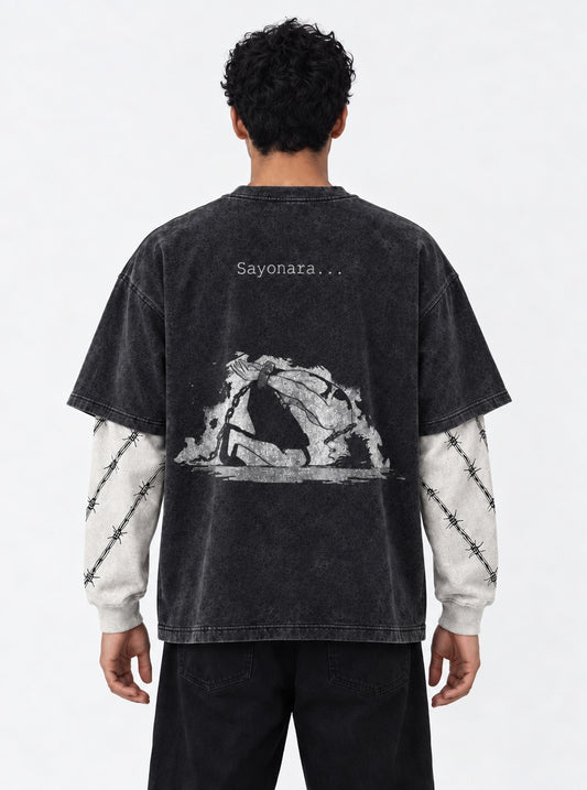 One Piece Cropped Double Sleeves Washed T-Shirt on model, back view