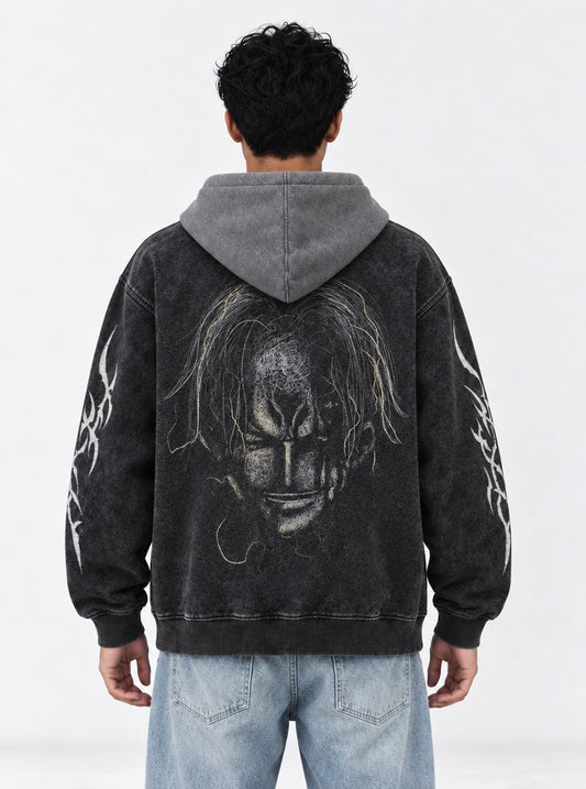 One Piece Distressed Black and Gray Washed Hoodie on model, back view