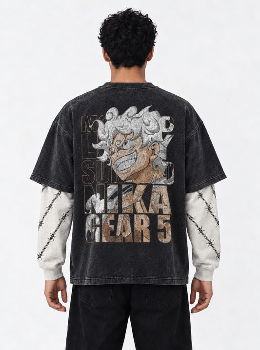 One Piece Distressed Double Sleeves Washed T-Shirt on model, back view