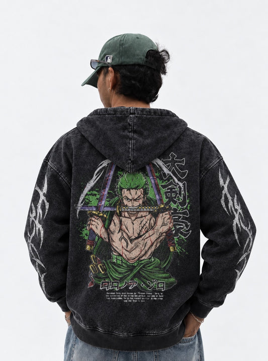 One Piece Distressed Washed Hoodie on model, back view