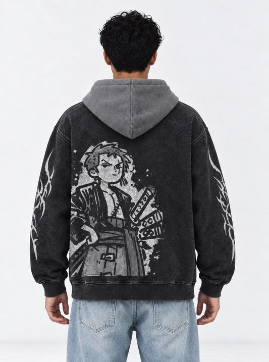 One Piece Durable Black and Gray Washed Hoodie on model, back view