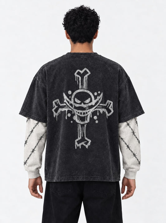 One Piece Durable Double Sleeves Washed T-Shirt on model, back view