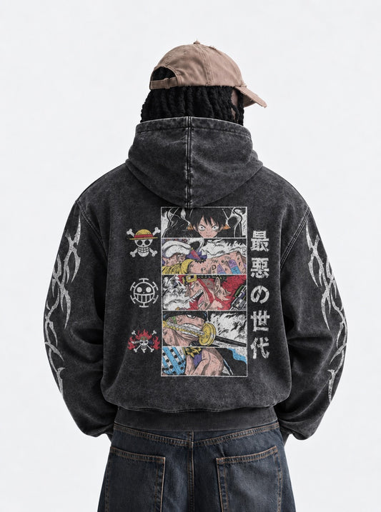 One Piece Durable Washed Hoodie on model, back view