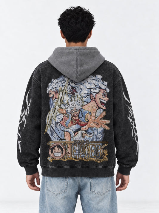 One Piece Edgy Black and Gray Washed Hoodie on model, back view