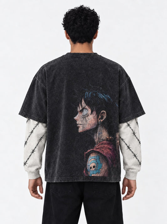 One Piece Edgy Double Sleeves Washed T-Shirt on model, back view