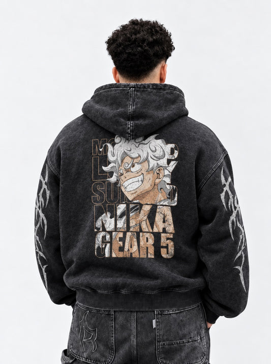One Piece Edgy Washed Hoodie on model, back view