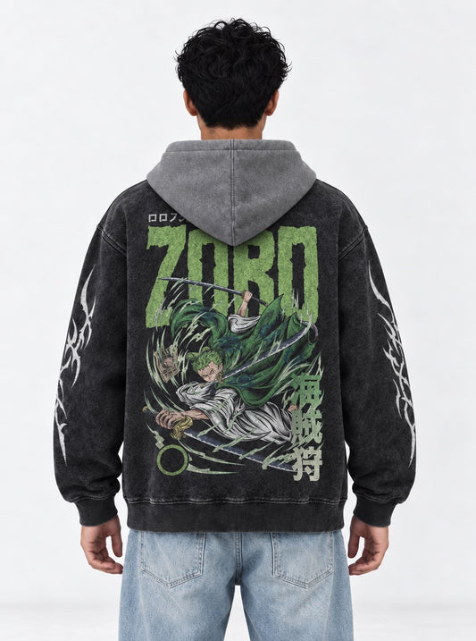 One Piece Essential Black and Gray Washed Hoodie on model, back view