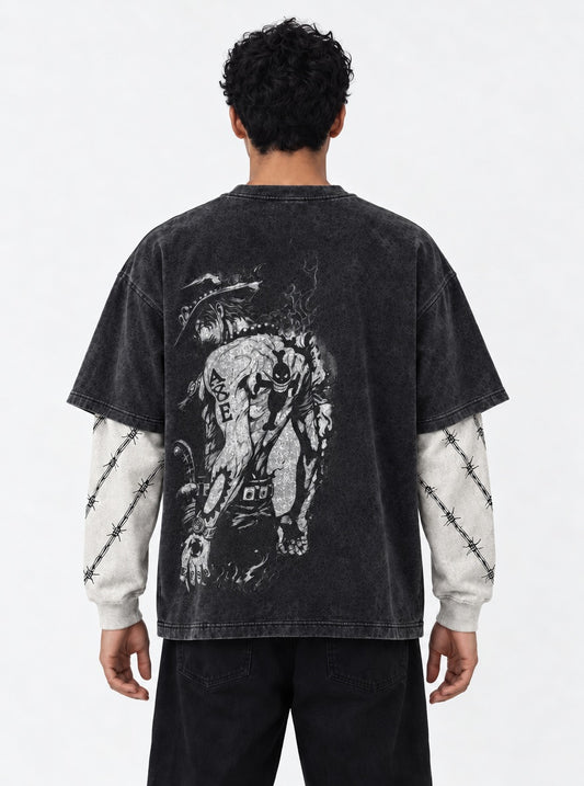 One Piece Essential Double Sleeves Washed T-Shirt on model, back view