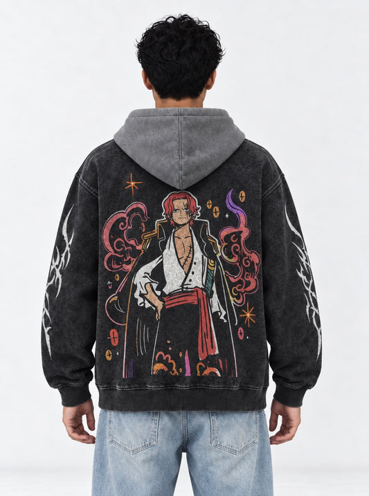 One Piece Everyday Black and Gray Washed Hoodie on model, back view