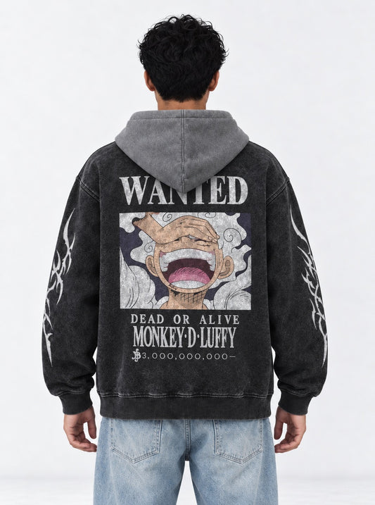 One Piece Faded Black and Gray Washed Hoodie on model, back view