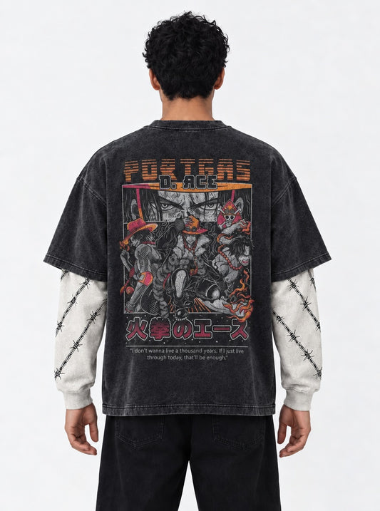 One Piece Faded Double Sleeves Washed T-Shirt on model, back view