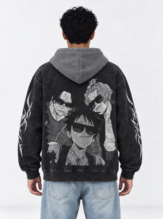 One Piece Fitted Black and Gray Washed Hoodie on model, back view