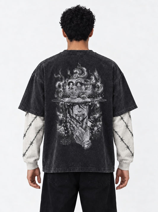 One Piece Fitted Double Sleeves Washed T-Shirt on model, back view