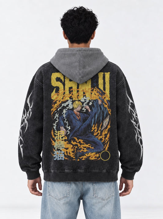 One Piece Graphic Black and Gray Washed Hoodie on model, back view