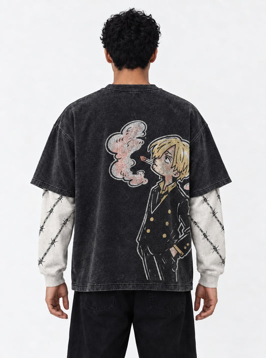 One Piece Graphic Double Sleeves Washed T-Shirt on model, back view